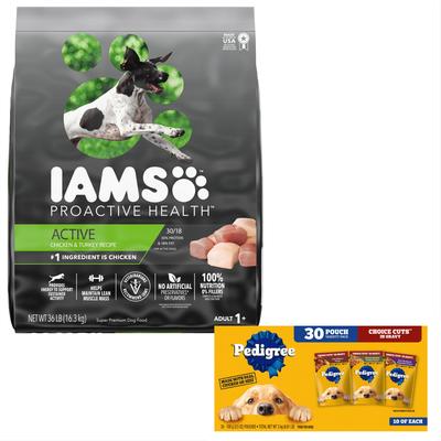 Bundle: Iams Proactive Health Active Chicken & Turkey Recipe Dry Food + Pedigree Choice Cuts in Gravy Variety Pack Wet Dog Food