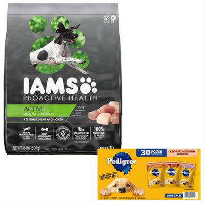 Bundle: Iams Proactive Health Active Chicken & Turkey Recipe Dry Food + Pedigree Chopped Ground Dinner Variety Pack Wet Dog Food