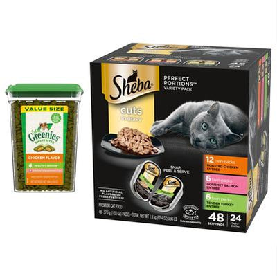 Bundle: Sheba Perfect Portions Grain-Free Multipack Roasted Chicken, Gourmet Salmon & Tender Turkey Cuts in Gravy Food Trays + Greenies Feline Smartbites Healthy Indoor Chicken Flavored Cat Treats