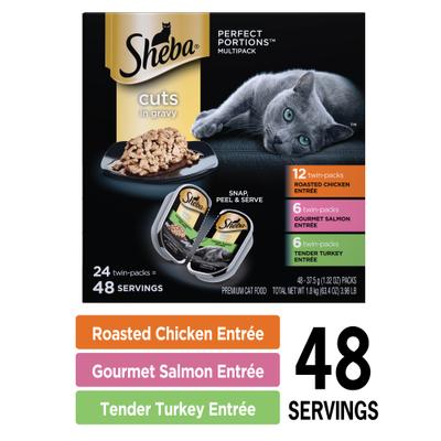 Bundle: Sheba Perfect Portions Grain-Free Multipack Roasted Chicken, Gourmet Salmon & Tender Turkey Cuts in Gravy Food Trays + Greenies Feline Smartbites Healthy Indoor Chicken Flavored Cat Treats