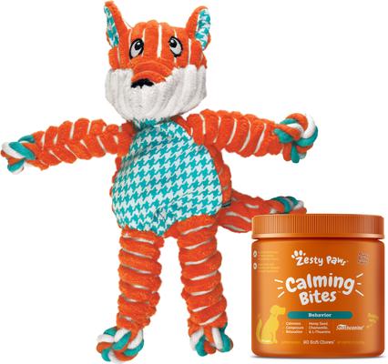 Bundle: Zesty Paws Calming Bites Peanut Butter Flavored Soft Chews Supplement, 90 count + KONG Floppy Knots Dog Toy, Fox, Medium/Large