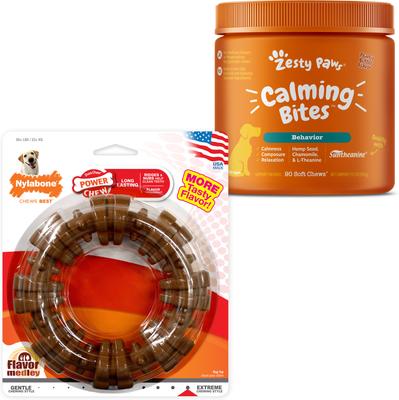 Bundle: Zesty Paws Calming Bites Peanut Butter Flavored Soft Chews Calming Supplement, 90 count + Nylabone Power Chew Textured Dog Chew Ring Toy Ring Flavor Medley, X-Large