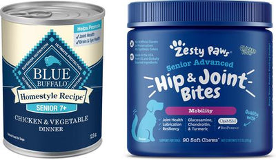 Bundle: Zesty Paws Advanced Mobility Chicken Flavored Chews Joint Supplement + Blue Buffalo Homestyle Recipe Chicken Dinner with Garden Vegetables Canned Food for Senior Dogs