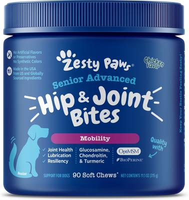 Bundle: Zesty Paws Advanced Mobility Chicken Flavored Chews Joint Supplement + Blue Buffalo Homestyle Recipe Chicken Dinner with Garden Vegetables Canned Food for Senior Dogs