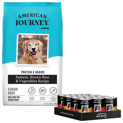 Bundle: American Journey Protein & Grains Senior Salmon, Brown Rice & Vegetables Recipe Dry Food + Poultry & Beef Variety Pack Grain-Free Canned Dog Food