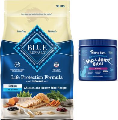Bundle: Zesty Paws Advanced Mobility Chicken Flavored Chews Joint Supplement + Blue Buffalo Life Protection Formula Chicken & Brown Rice Recipe Dry Food for Senior Dogs