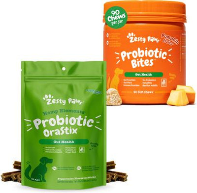 Bundle: Zesty Paws Probiotic Bites Digestion Pumpkin Flavor Soft Chews Dog Supplement, 90 count + Zesty Paws Hemp Elements Probiotic Orastix Dog Supplement, 12 count