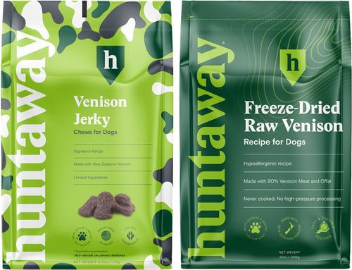Bundle: Huntaway Wild Venison Jerky Dog Treats, 4-oz bag + Venison Grain-Free Freeze-Dried Dog Food, 12-oz bag