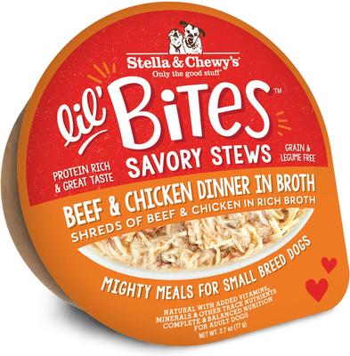 Lil Bites Savory Stews - Alimento húmedo para perros de raza pequeña desmenuzado con sabor a carne de res y pollo en caldo sin cereales, 2.7 oz (caja de 12)