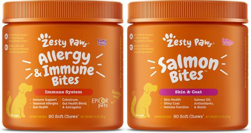 Bundle: Zesty Paws Allergy & Immune Support Lamb Flavor Soft Chew Dog Supplement, 90 count + Zesty Paws Salmon Bites Skin & Coat Dog Supplement, 90 count