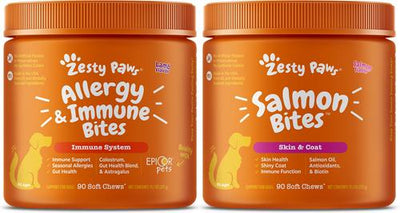 Bundle: Zesty Paws Allergy & Immune Support Lamb Flavor Soft Chew Dog Supplement, 90 count + Zesty Paws Salmon Bites Skin & Coat Dog Supplement, 90 count