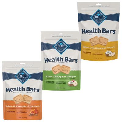 Paquete variado: Barritas saludables Blue Buffalo horneadas con plátano y yogur para perros, sabores calabaza, canela, manzana y yogur.