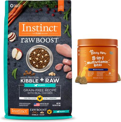 Bundle: Instinct Raw Boost Puppy Grain-Free Recipe with Real Chicken & Freeze-Dried Raw Pieces Dry Dog Food, 10-lb bag + Zesty Paws 8-in-1 Multifunctional Chicken Flavor Soft Chew Dog Supplement, 90 count