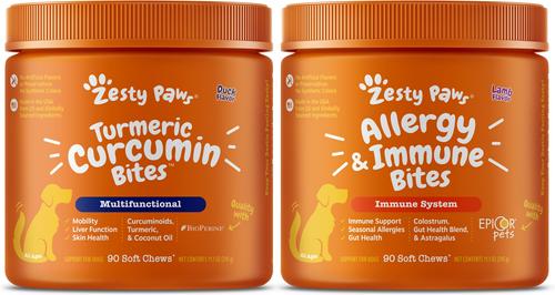 Bundle: Zesty Paws Curcumin Bites Everyday Vitality Duck Flavor Dog Supplement, 90 count + Zesty Paws Allergy & Immune Support Lamb Flavor Soft Chew Dog Supplement, 90 count