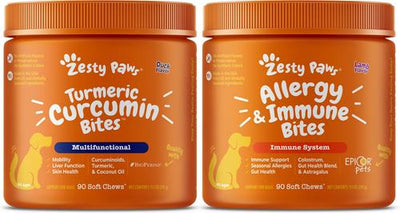 Bundle: Zesty Paws Curcumin Bites Everyday Vitality Duck Flavor Dog Supplement, 90 count + Zesty Paws Allergy & Immune Support Lamb Flavor Soft Chew Dog Supplement, 90 count