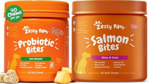 Bundle: Zesty Paws Probiotic Bites Digestion Pumpkin Flavor Soft Chews Supplement + Salmon Bites Skin & Coat Dog Supplement