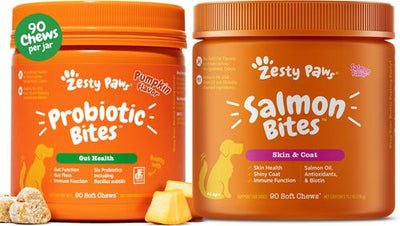 Paquete: Suplemento masticable suave Zesty Paws Probiotic Bites para la digestión con sabor a calabaza + Suplemento Salmon Bites para la piel y el pelaje de tu perro