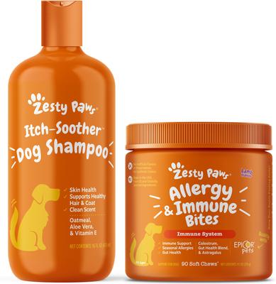 Bundle: Zesty Paws Allergy & Immune Support Lamb Flavor Soft Chew Dog Supplement, 90 count + Zesty Paws Oatmeal Anti-Itch Dog Shampoo with Aloe Vera & Vitamin E, 16-oz bottle