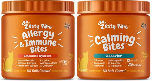 Bundle: Zesty Paws All Ages Calming Bites Behavior Bacon Flavor Supplement + Aller-Immune System Bites Bacon Flavor Cat Supplement