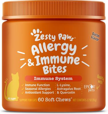 Bundle: Zesty Paws All Ages Calming Bites Behavior Bacon Flavor Supplement + Aller-Immune System Bites Bacon Flavor Cat Supplement