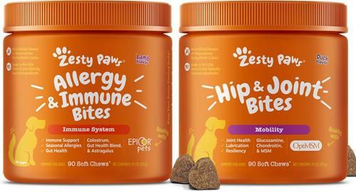Bundle: Zesty Paws Mobility Bites Hip & Joint Support + Aller-Immune Bites Lamb Flavor Immune System Soft Chews Dog Supplement