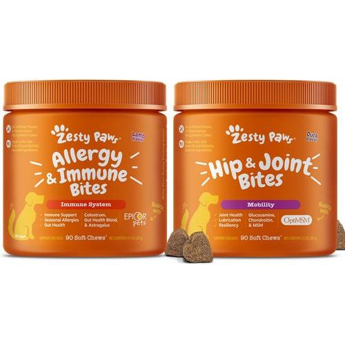 Paquete: Zesty Paws Mobility Bites, soporte para cadera y articulaciones + Aller-Immune Bites, suplemento masticable suave para perros con sabor a cordero