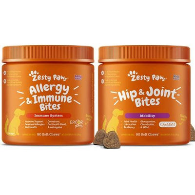 Paquete: Zesty Paws Mobility Bites, soporte para cadera y articulaciones + Aller-Immune Bites, suplemento masticable suave para perros con sabor a cordero