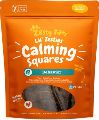 Bundle: Zesty Paws All Ages, Calming Bites, Peanut Butter Flavored Soft Chews, Behavior Functional Dog Supplement, 90 count + Zesty Paws Calming Squares Stress & Anxiety Smoked Chicken Flavor Soft Chew Dog Supplement, 10-oz bag
