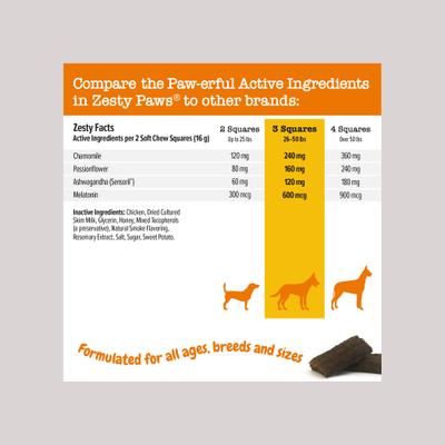 Bundle: Zesty Paws All Ages, Calming Bites, Peanut Butter Flavored Soft Chews, Behavior Functional Dog Supplement, 90 count + Zesty Paws Calming Squares Stress & Anxiety Smoked Chicken Flavor Soft Chew Dog Supplement, 10-oz bag