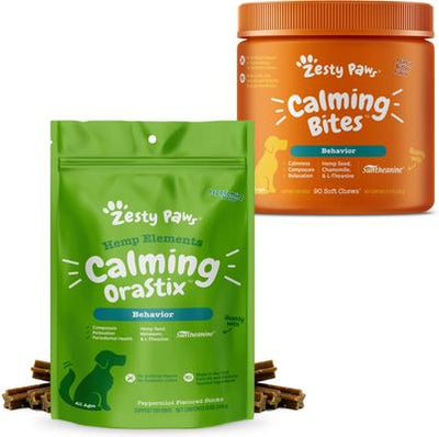 Bundle: Zesty Paws All Ages, Calming Bites, Peanut Butter Flavored Soft Chews, Behavior Functional Dog Supplement, 90 count + Zesty Paws Calming Orastix Peppermint Flavor Dog Supplement, 12-oz bag