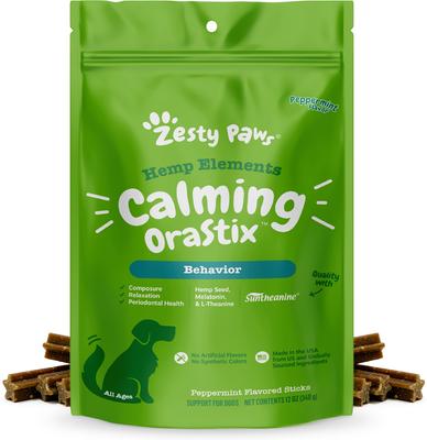 Bundle: Zesty Paws All Ages, Calming Bites, Peanut Butter Flavored Soft Chews, Behavior Functional Dog Supplement, 90 count + Zesty Paws Calming Orastix Peppermint Flavor Dog Supplement, 12-oz bag