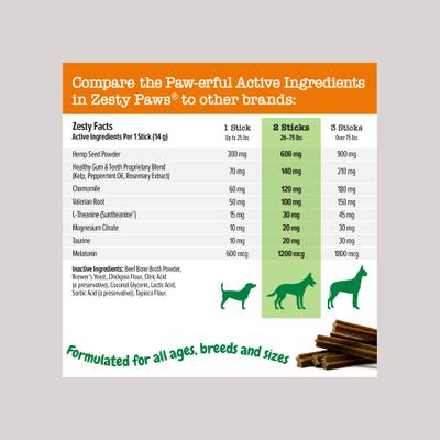 Bundle: Zesty Paws All Ages, Calming Bites, Peanut Butter Flavored Soft Chews, Behavior Functional Dog Supplement, 90 count + Zesty Paws Calming Orastix Peppermint Flavor Dog Supplement, 12-oz bag