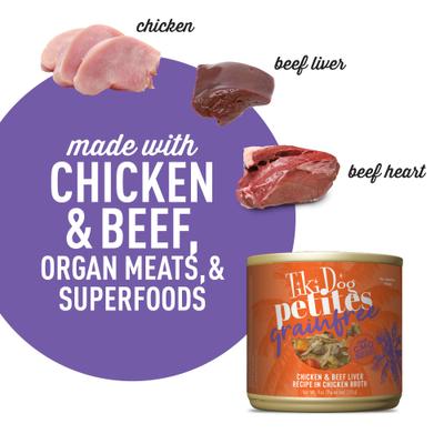 Alimento húmedo para perros Petites Grain-Free Chicken & Beef Liver, lata de 9 oz, caja de 8
