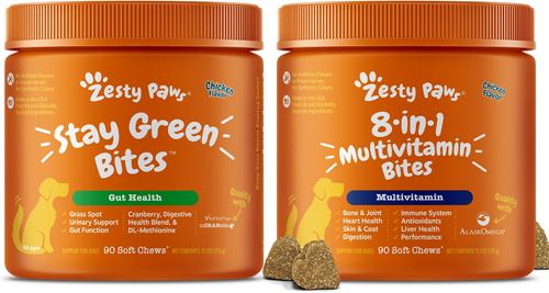 Bundle: Zesty Paws Grass Defense Stay Green Bites Digestive & Immune Health + 8-in-1 Multivitamin Bites Chicken Flavor Dog Supplement