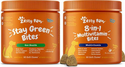 Bundle: Zesty Paws Grass Defense Stay Green Bites Digestive & Immune Health + 8-in-1 Multivitamin Bites Chicken Flavor Dog Supplement