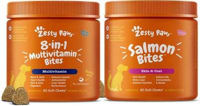 Bundle: Zesty Paws 8-in-1 Multivitamin Bites + Salmon Bites Skin & Coat Dog Supplement