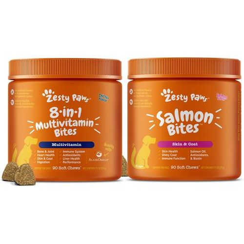 Paquete: Multivitamínico Zesty Paws 8 en 1 + Suplemento para la piel y el pelaje de tu perro con Salmon Bites