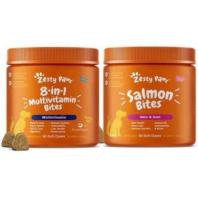 Paquete: Multivitamínico Zesty Paws 8 en 1 + Suplemento para la piel y el pelaje de tu perro con Salmon Bites