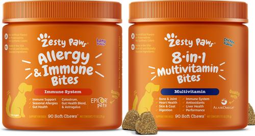 Bundle: Zesty Paws 8-in-1 Multivitamin Bites + Aller-Immune Bites Lamb Flavor Immune System Soft Chews Dog Supplement