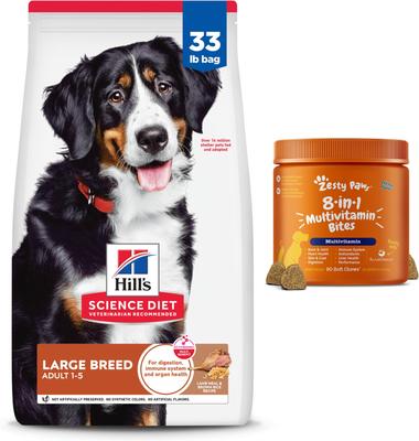 Paquete: Alimento seco Hill's Science Diet para adultos de razas grandes con cordero y arroz integral + suplemento multivitamínico Zesty Paws 8 en 1 con sabor a pollo