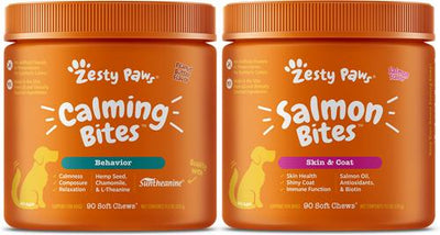 Bundle: Zesty Paws Zesty Paws All Ages, Calming Bites, Peanut Butter Flavored Soft Chews, Behavior Functional Dog Supplement, 90 count & Zesty Paws Salmon Bites Skin & Coat Dog Supplement, 90 count