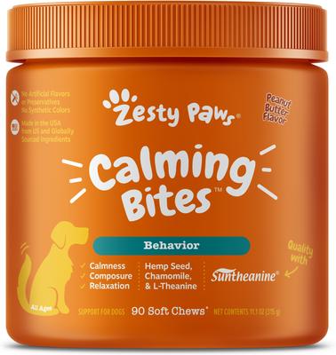 Bundle: Zesty Paws Zesty Paws All Ages, Calming Bites, Peanut Butter Flavored Soft Chews, Behavior Functional Dog Supplement, 90 count & Zesty Paws Salmon Bites Skin & Coat Dog Supplement, 90 count
