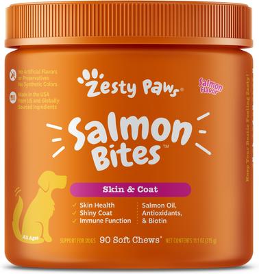 Bundle: Zesty Paws Zesty Paws All Ages, Calming Bites, Peanut Butter Flavored Soft Chews, Behavior Functional Dog Supplement, 90 count & Zesty Paws Salmon Bites Skin & Coat Dog Supplement, 90 count