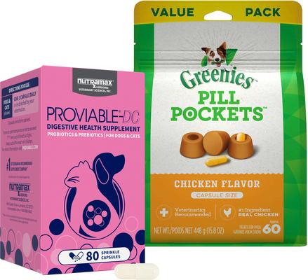 Bundle: Nutramax Proviable-DC Capsules Supplement + Greenies Pill Pockets Canine Chicken Flavor Dog Treats