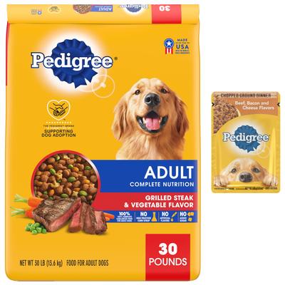 Paquete: Comida húmeda Pedigree Chopped Ground Dinner con sabores de carne, tocino y queso + Comida seca para perros con sabor a carne a la parrilla y vegetales de nutrición completa