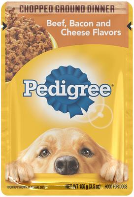 Paquete: Comida húmeda Pedigree Chopped Ground Dinner con sabores de carne, tocino y queso + Comida seca para perros con sabor a carne a la parrilla y vegetales de nutrición completa