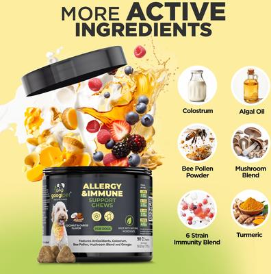 Suplemento masticable para perros con sabor a coco y algarroba para aliviar la alergia, 90 unidades