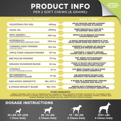 Suplemento masticable para perros con sabor a coco y algarroba para aliviar la alergia, 90 unidades