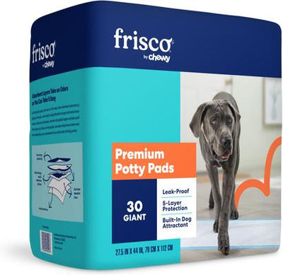 Paquete: Empapadores de entrenamiento y para ir al baño Frisco Giant, 27,5 x 44 pulgadas, 30 unidades + premios para perros American Journey con receta de mantequilla de maní