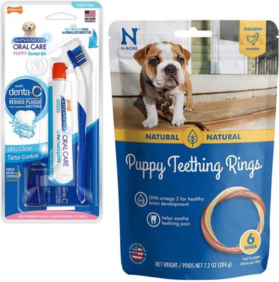 Bundle: Nylabone Advanced Oral Care Puppy Dental Kit + N-Bone Teething Ring Chicken Flavor Dog Treats